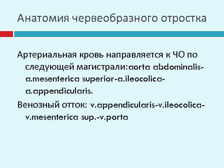 Анатомия червеобразного отростка Артериальная кровь направляется к ЧО по следующей магистрали: aorta abdominalisa. mesenterica