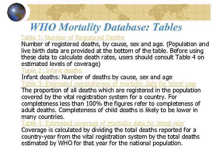 WHO Mortality Database: Tables Table 1: Number of Registered Deaths Number of registered deaths,