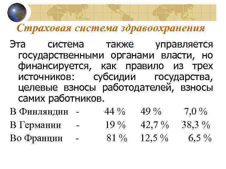 Страховая система здравоохранения Эта система также управляется государственными органами власти, но финансируется, как правило