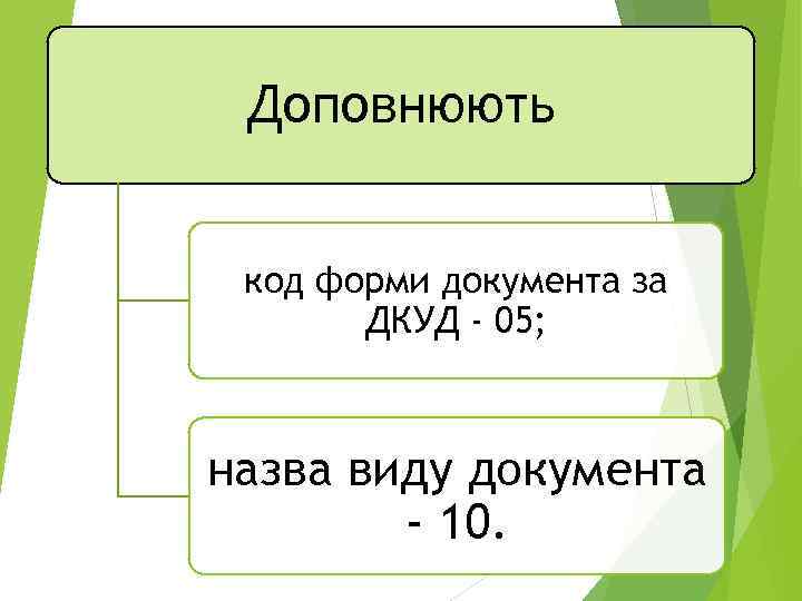 Доповнюють код форми документа за ДКУД - 05; назва виду документа - 10. 