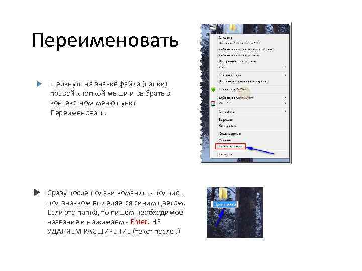 Переименовать щелкнуть на значке файла (папки) правой кнопкой мыши и выбрать в контекстном меню