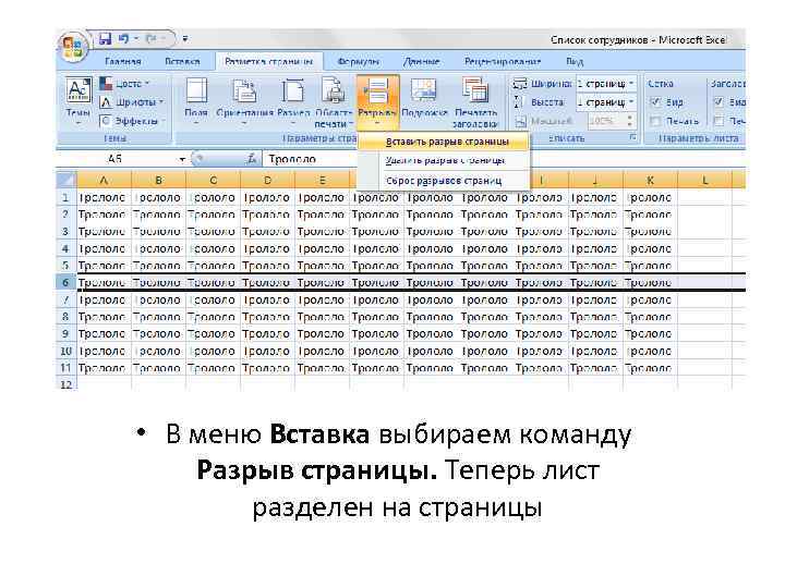  • В меню Вставка выбираем команду Разрыв страницы. Теперь лист разделен на страницы