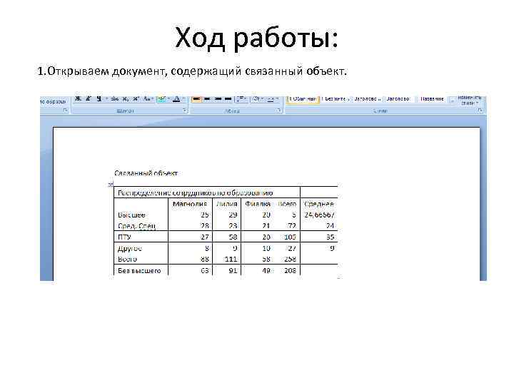 Ход работы: 1. Открываем документ, содержащий связанный объект. 