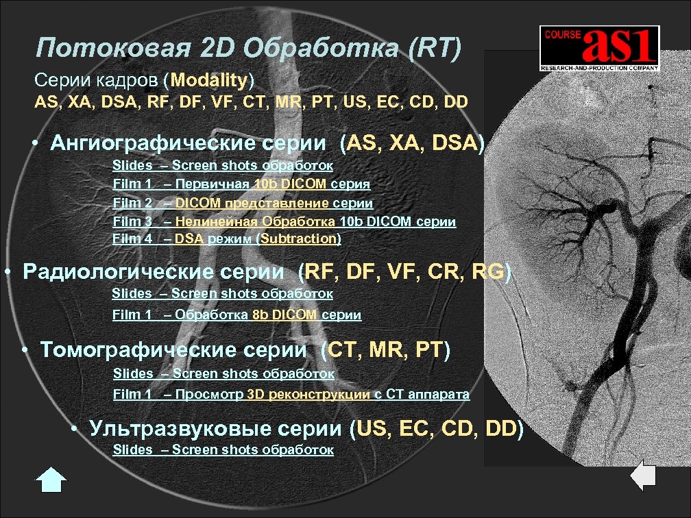 Потоковая 2 D Обработка (RT) Серии кадров (Modality) AS, XA, DSA, RF, DF, VF,