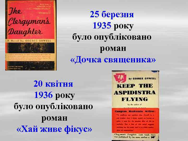 25 березня 1935 року було опубліковано роман «Дочка священика» 20 квітня 1936 року було