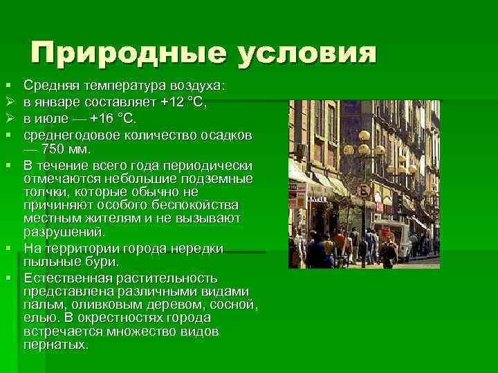 Природные условия § Ø Ø § Средняя температура воздуха: в январе составляет +12 °C,