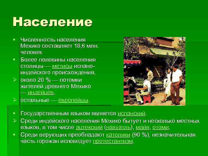 Население § Численность населения Мехико составляет 18, 6 млн. человек § Более половины населения