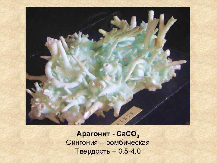 Арагонит - Ca. CO 3 Сингония – ромбическая Твердость – 3. 5 -4. 0