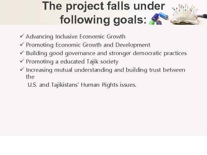 The project falls under following goals: ü ü ü Advancing Inclusive Economic Growth Promoting