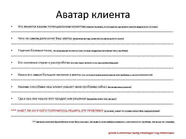 Аватар клиента • Кто является вашим потенциальным клиентом (опишите признаки, по которым Вы однозначно