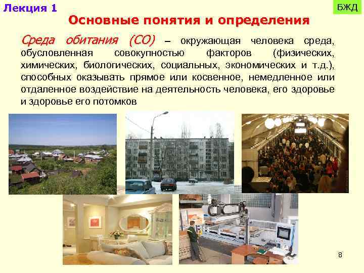 Лекция 1 Основные понятия и определения БЖД Среда обитания (СО) – окружающая человека среда,