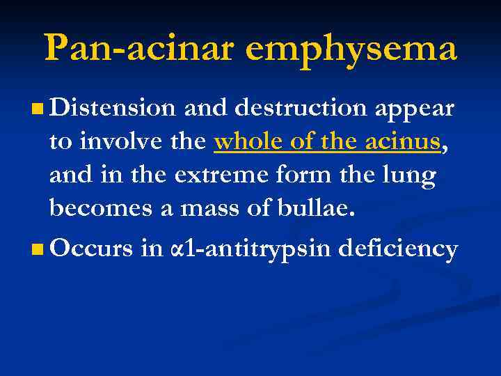 Pan-acinar emphysema n Distension and destruction appear to involve the whole of the acinus,