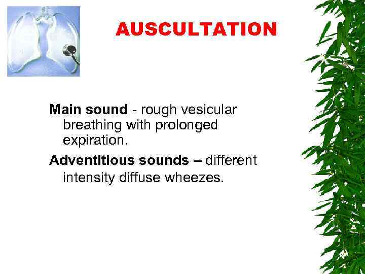 AUSCULTATION Main sound - rough vesicular breathing with prolonged expiration. Adventitious sounds – different