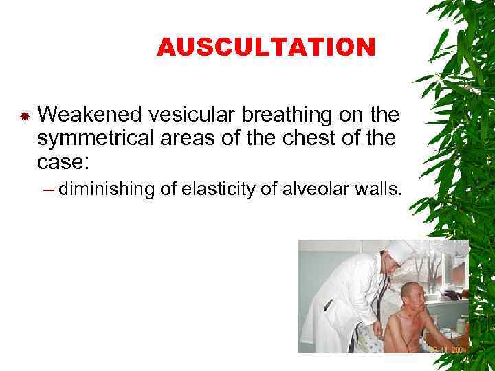 AUSCULTATION Weakened vesicular breathing on the symmetrical areas of the chest of the case: