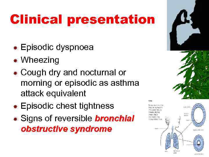 Clinical presentation Episodic dyspnoea Wheezing Cough dry and nocturnal or morning or episodic as