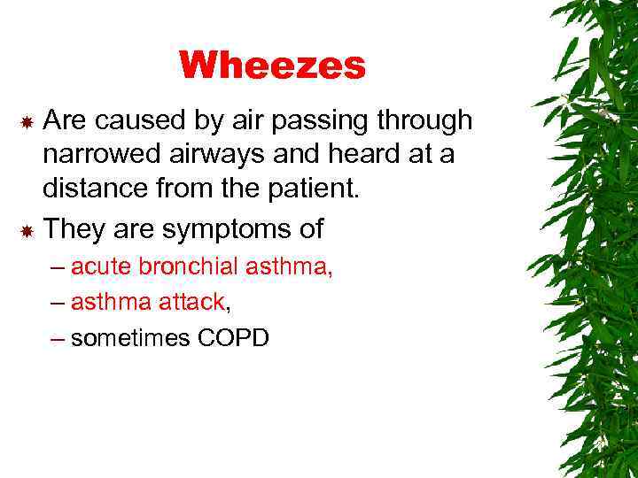 Wheezes Are caused by air passing through narrowed airways and heard at a distance