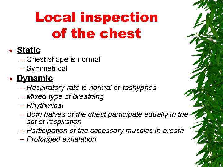 Local inspection of the chest Static – Chest shape is normal – Symmetrical Dynamic