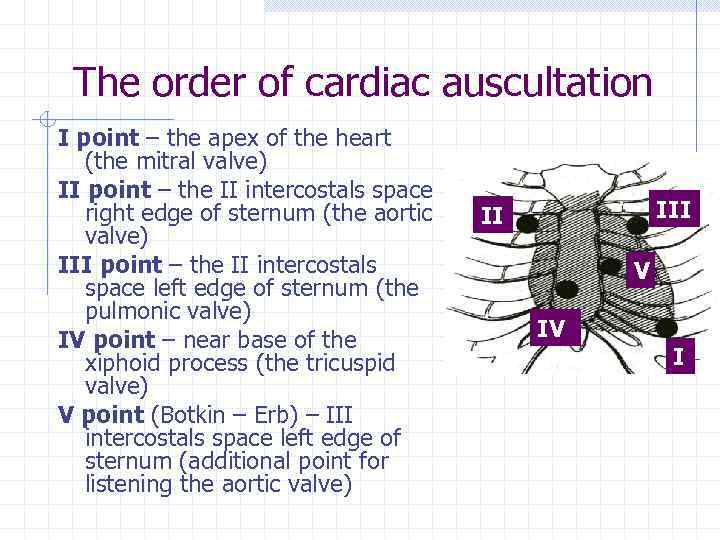 The order of cardiac auscultation І point – the apex of the heart (the