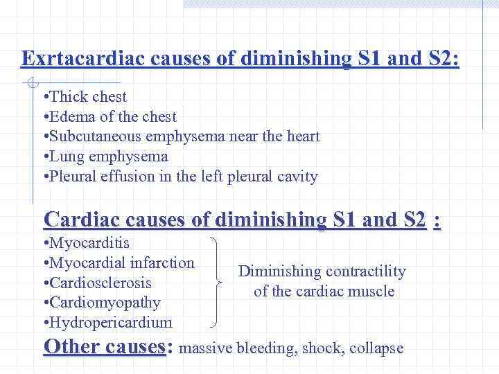 Exrtacardiac causes of diminishing S 1 and S 2: • Thick chest • Edema