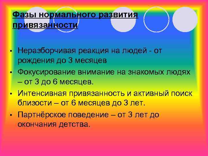 Фазы нормального развития привязанности Неразборчивая реакция на людей - от рождения до 3 месяцев