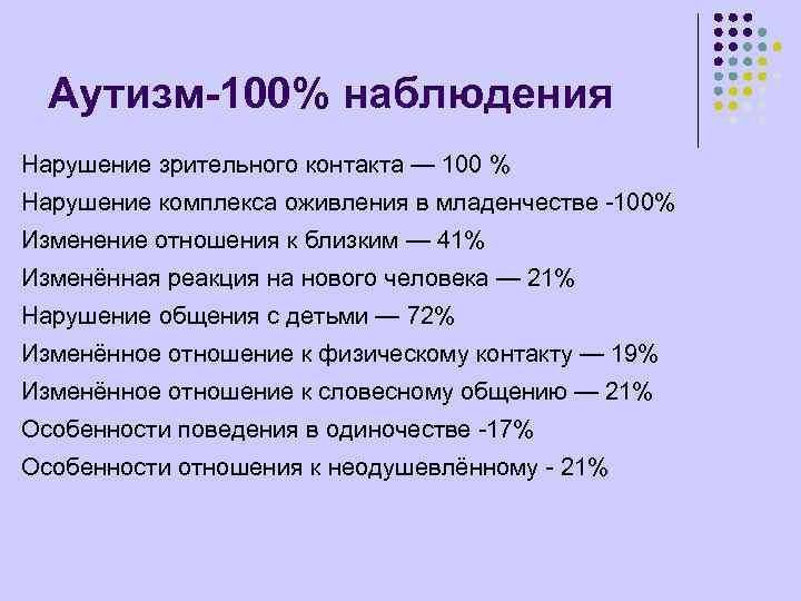 Аутизм-100% наблюдения Нарушение зрительного контакта — 100 % Нарушение комплекса оживления в младенчестве -100%