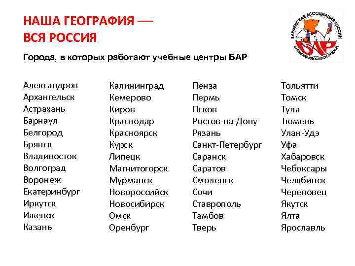 НАША ГЕОГРАФИЯ — ВСЯ РОССИЯ Города, в которых работают учебные центры БАР Александров Архангельск