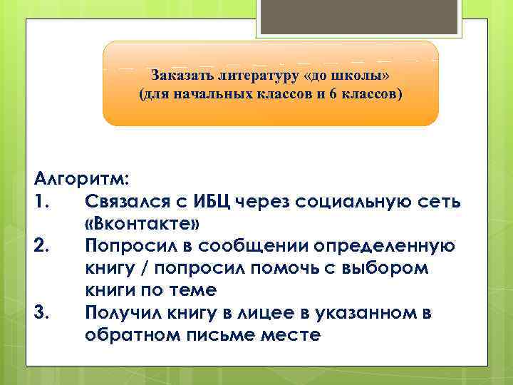 Заказать литературу «до школы» (для начальных классов и 6 классов) Алгоритм: 1. Связался с