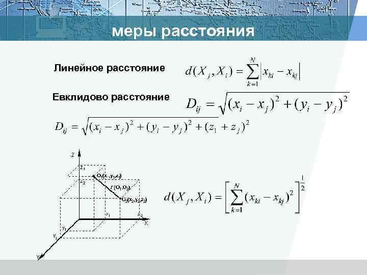 меры расстояния Линейное расстояние Евклидово расстояние 