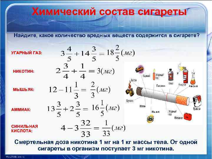 Химический состав сигареты Найдите, какое количество вредных веществ содержится в сигарете? УГАРНЫЙ ГАЗ: НИКОТИН: