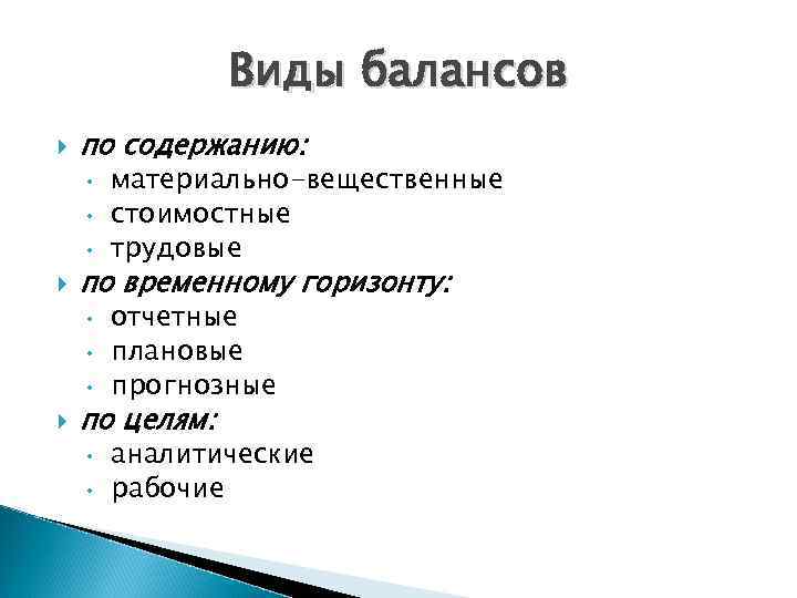 Виды балансов по содержанию: • • • по временному горизонту: • • • материально-вещественные