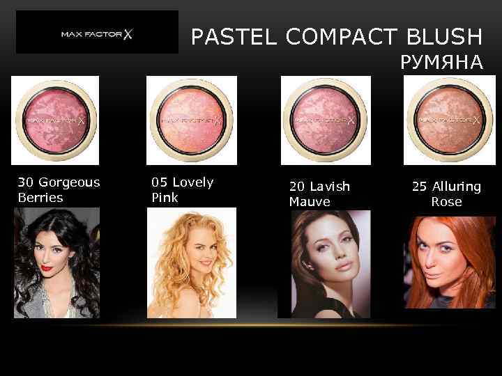 PASTEL COMPACT BLUSH РУМЯНА 30 Gorgeous Berries 05 Lovely Pink 20 Lavish Mauve 25