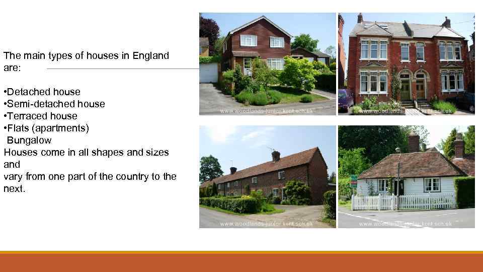 The main types of houses in England are: • Detached house • Semi-detached house