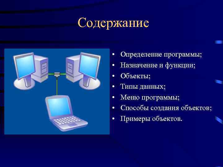 Содержание • • Определение программы; Назначение и функции; Объекты; Типы данных; Меню программы; Способы