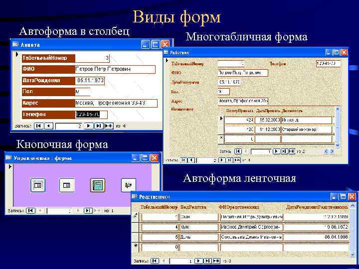 Форма в столбец. Типы форм в MS access. Многотабличная форма access. Ленточная Автоформа в access. Форма в один столбец access.