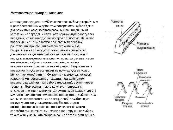 Усталостное выкрашивание Этот вид повреждения зубьев является наиболее серьёзным и распространённым дефектом поверхности зубьев