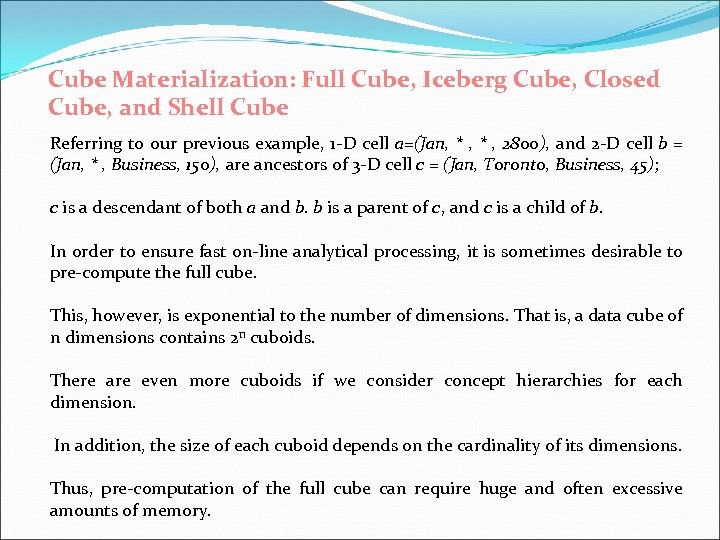 Cube Materialization: Full Cube, Iceberg Cube, Closed Cube, and Shell Cube Referring to our