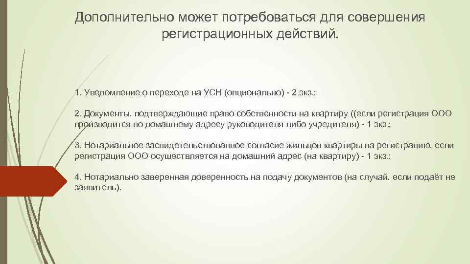 Дополнительно может потребоваться для совершения регистрационных действий. 1. Уведомление о переходе на УСН (опционально)