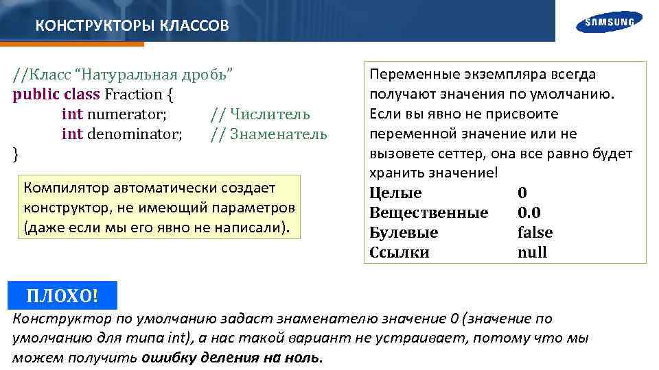 КОНСТРУКТОРЫ КЛАССОВ //Класс “Натуральная дробь” public class Fraction { int numerator; // Числитель int