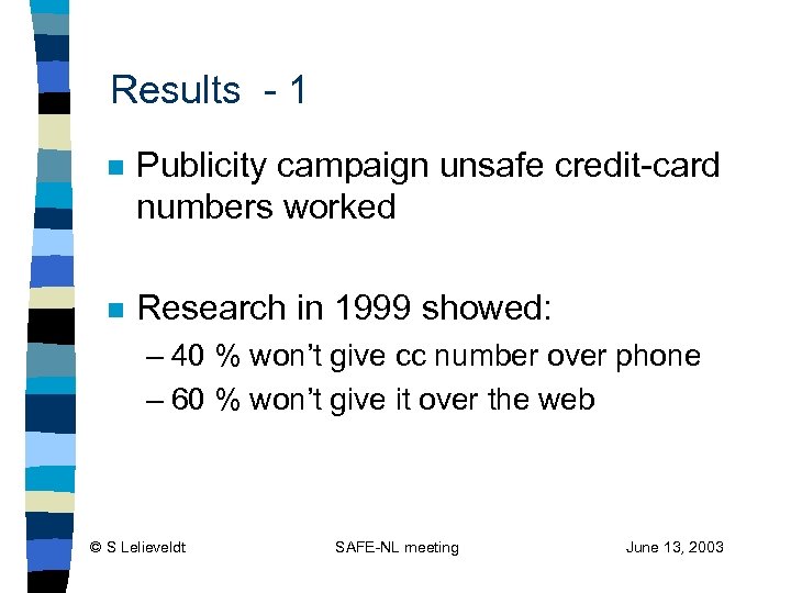Results - 1 n Publicity campaign unsafe credit-card numbers worked n Research in 1999