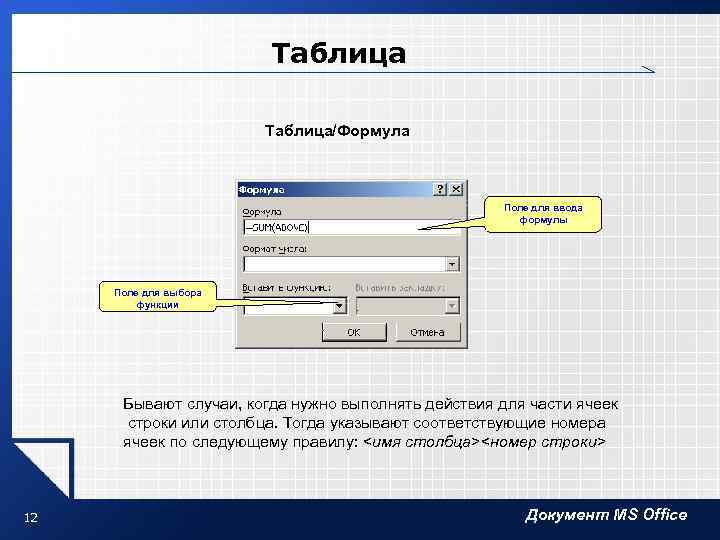 Таблица/Формула Поле для ввода формулы Поле для выбора функции Бывают случаи, когда нужно выполнять