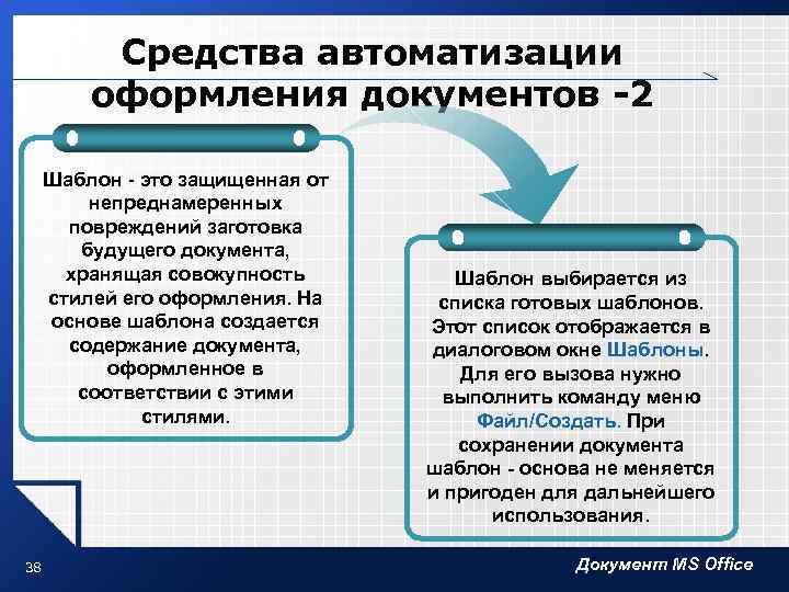 Средства автоматизации оформления документов -2 Шаблон - это защищенная от непреднамеренных повреждений заготовка будущего