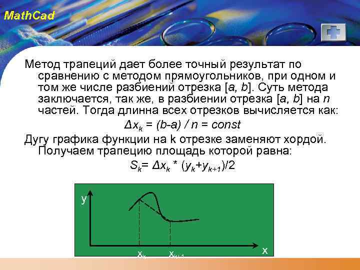 Math. Cad Метод трапеций дает более точный результат по сравнению с методом прямоугольников, при