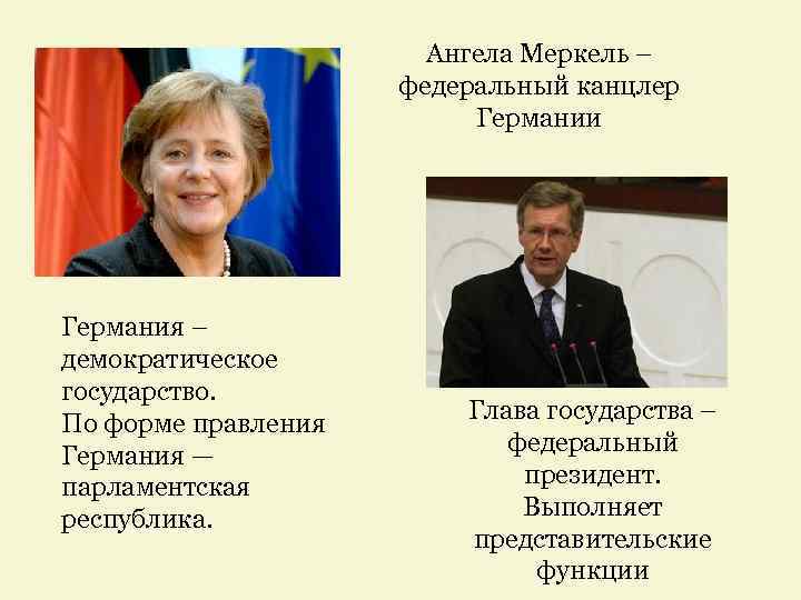 Ангела Меркель – федеральный канцлер Германии Германия – демократическое государство. По форме правления Германия