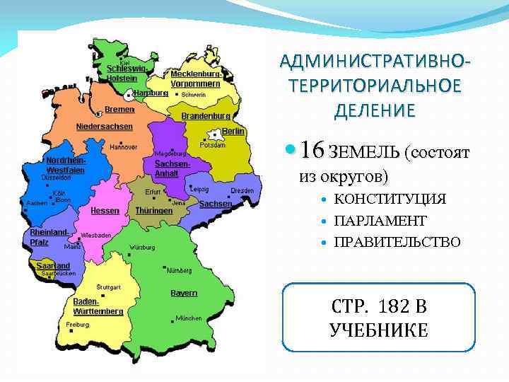 АДМИНИСТРАТИВНОТЕРРИТОРИАЛЬНОЕ ДЕЛЕНИЕ 16 ЗЕМЕЛЬ (состоят из округов) КОНСТИТУЦИЯ ПАРЛАМЕНТ ПРАВИТЕЛЬСТВО СТР. 182 В УЧЕБНИКЕ