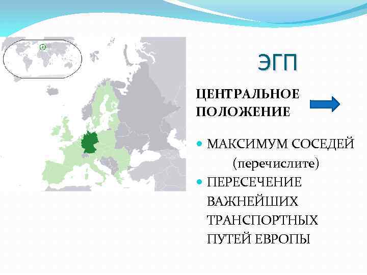ЭГП ЦЕНТРАЛЬНОЕ ПОЛОЖЕНИЕ МАКСИМУМ СОСЕДЕЙ (перечислите) ПЕРЕСЕЧЕНИЕ ВАЖНЕЙШИХ ТРАНСПОРТНЫХ ПУТЕЙ ЕВРОПЫ 