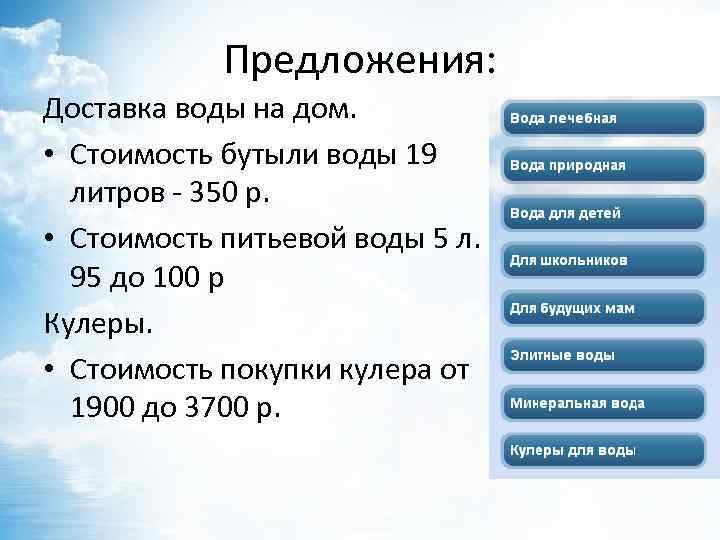 Предложения: Доставка воды на дом. • Стоимость бутыли воды 19 литров - 350 р.