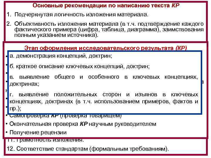 Основные рекомендации по написанию текста КР Способы написания текста Типы изложения материала 1. Подчеркнутая