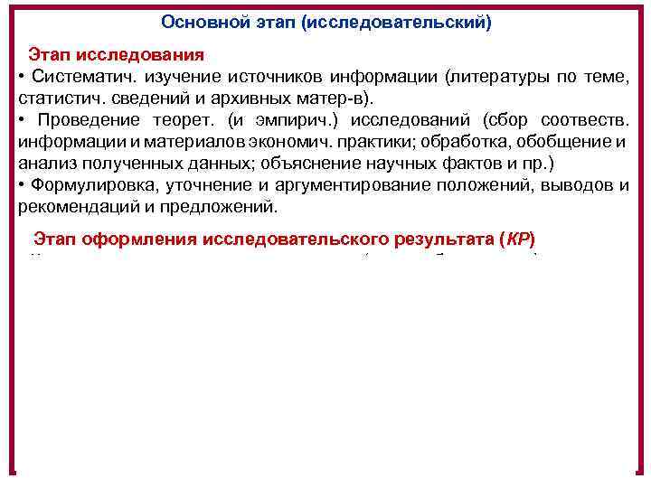 Основной этап (исследовательский) Этап исследования • Систематич. изучение источников информации (литературы по теме, статистич.