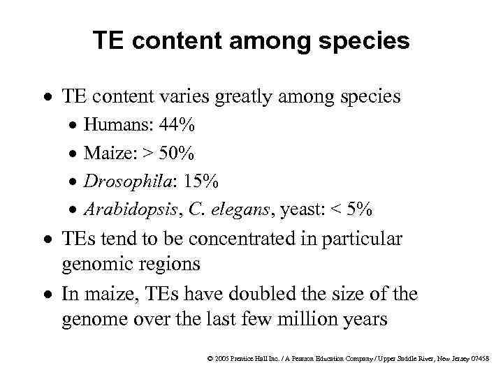 TE content among species · TE content varies greatly among species · · Humans: