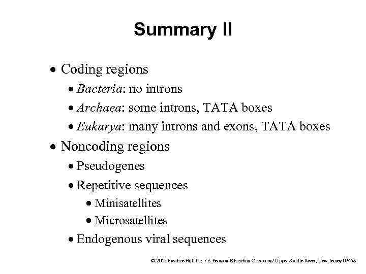 Summary II · Coding regions · Bacteria: no introns · Archaea: some introns, TATA